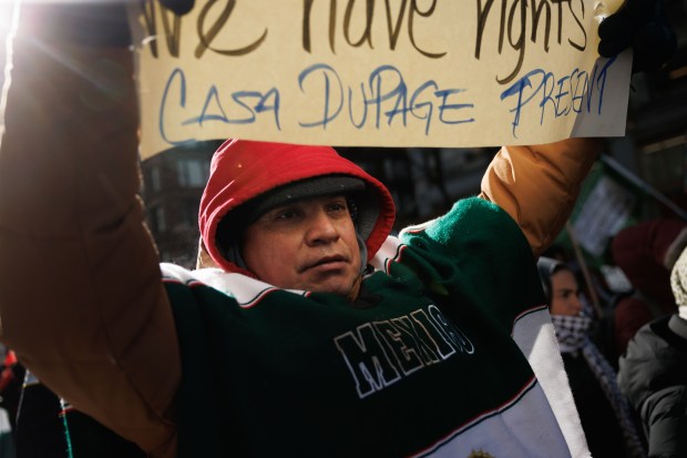 Anti-Trump activists march in Chicago's Loop on Jan. 20, 2025. (Armando L. Sanchez/Chicago Tribune)