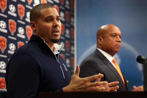 Bears general manager Ryan Poles, left, speaks during a news conference with President/CEO Kevin Warren,on Dec. 2, 2024, at Halas Hall in Lake Forest. (Stacey Wescott/Chicago Tribune)