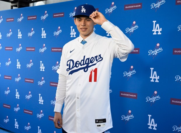 Japanese pitcher Roki Sasaki is introduced as the newest Dodger during a press conference at Dodger Stadium in Los Angeles on Jan. 22, 2025. (Photo by Keith Birmingham, Orange County Register/ SCNG)