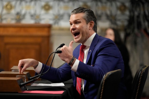 Pete Hegseth, President-elect Donald Trump's choice to be Defense secretary, appears before the Senate Armed Services Committee for his confirmation hearing, at the Capitol in Washington, Tuesday, Jan. 14, 2025. (AP Photo/Ben Curtis)