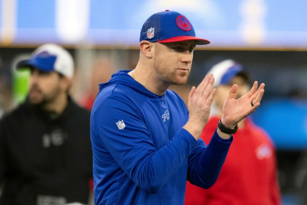 Bills offensive coordinator Joe Brady looks on before a game against the Chargers on Dec. 23, 2023, in Inglewood, Calif. (Kyusung Gong/AP)