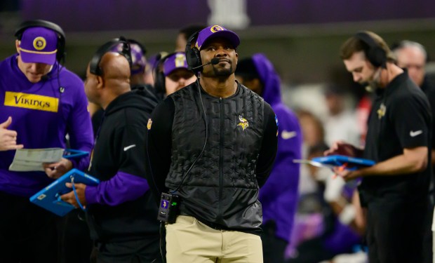 Vikings defensive coordinator Brian Flores looks on from the sideline during a game against the Packers on Dec. 29, 2024, in Minneapolis. (John Autey/St. Paul Pioneer Press)