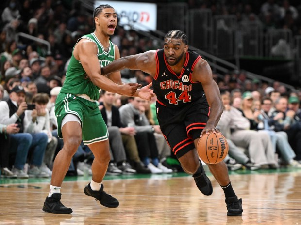 Bulls forward Patrick Williams (44) drives against the Celtics' Jaden Springer during the fourth quarter on Jan. 29, 2025, at TD Garden in Boston. (Brian Fluharty/Getty Images)