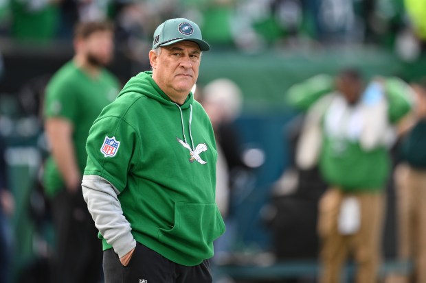 Eagles defensive coordinator Vic Fangio looks on during pregame warm-ups before a game against the Cowboys on Dec. 29, 2024, in Philadelphia. (Terrance Williams/AP)