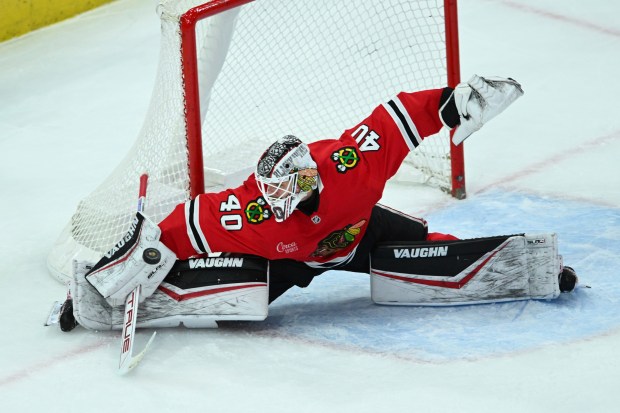 Blackhawks goalie Arvid Söderblom makes a save during the second period against the Canadiens on Jan. 3, 2025, at the United Center. (Paul Beaty/AP)