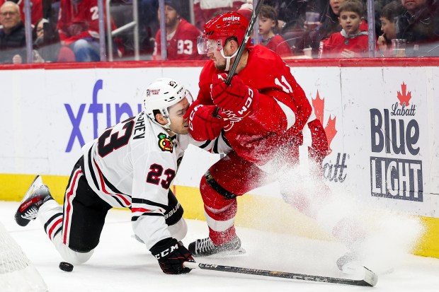 Blackhawks forward Philipp Kurashev (23) collides with Red Wings forward Vladimir Tarasenko in the second period on Jan. 10, 2025, in Detroit. (Mike Mulholland/AP)