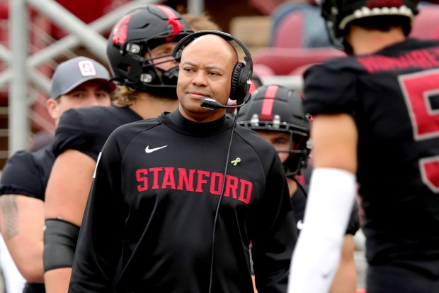 Stanford head coach David Shaw reacts after Washington State scored a touchdown in the first half of their football game at Stanford Stadium in Stanford, California, on Saturday, Nov. 5, 2022. (Ray Chavez/Bay Area News Group/TNS)