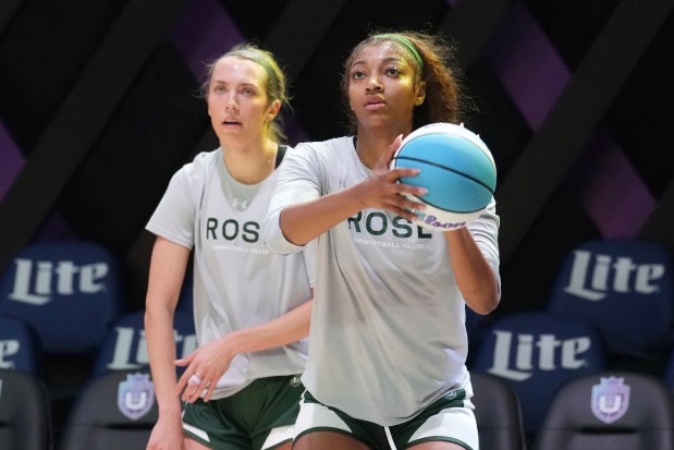 Rose's Angel Reese, right, and Lexie Hull practice on Jan. 16, 2025, in Medley, Fla., as the new 3-on-3 women's basketball league Unrivaled tips off this weekend. (Marta Lavandier/AP)