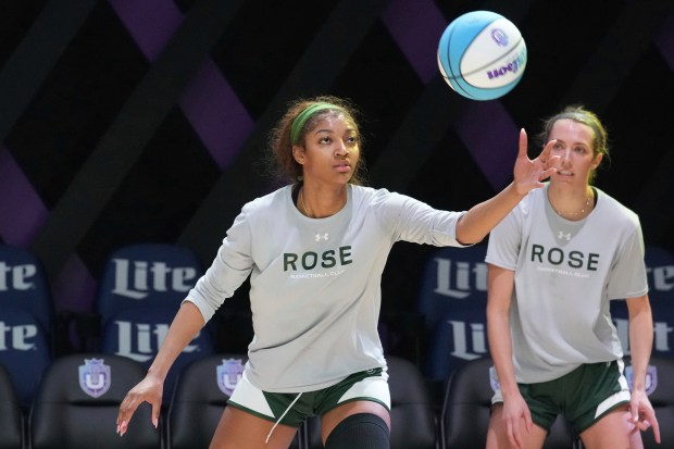 Rose players Angel Reese, left, and Lexie Hull practice on Jan. 16, 2025, in Medley, Fla., as the new 3-on-3 women's basketball league Unrivaled tips off this weekend. (Marta Lavandier/AP)