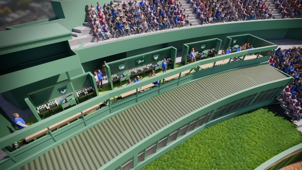 "The Yard" at Wrigley Field, a new outdoor space located in the bleachers above the batter's eye in center field. It will have five new semi-private rental spaces for Chicago Cubs home games. (Chicago Cubs)