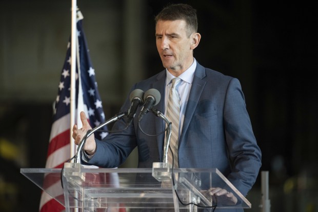 U.S. Rep. Frank Mrvan, D-Highland, speaks during an event celebrating the construction of a pig iron caster at U.S. Steel Gary Works on Thursday, May 26, 2022. (Kyle Telechan for the Post-Tribune)