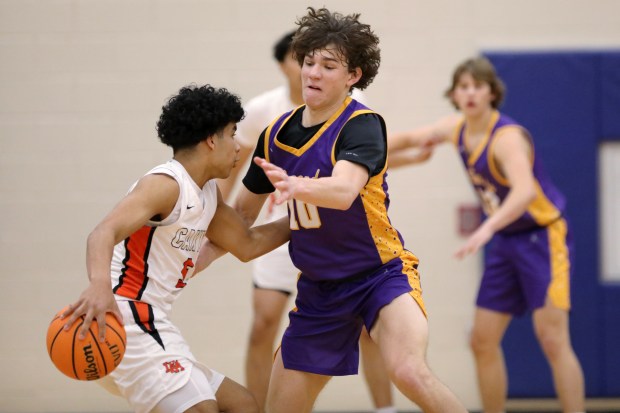 Wauconda's Tony Salemi (10), trying to steal the ball away from Lake Forest Academy's Tej Johnson (left), during the game on Saturday, Jan. 18, 2024, in Lake Villa. (Mark Ukena/for the Lake County News-Sun)