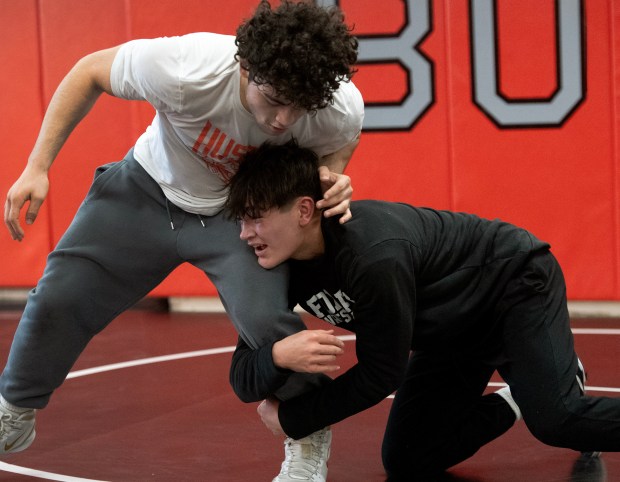 Erik Rodriguez tries to take down sophomore Aaden Arroyo during wrestling practice. Grant High School wrestler, Erik Rodriguez, who wrestles at 138 pounds, practices with other members of the team, Wednesday, Jan. 23, 2025. (Rob Dicker / for the News Sun)