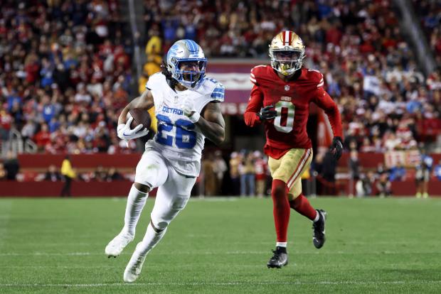 Lions running back Jahmyr Gibbs runs for a touchdown past 49ers cornerback Renardo Green on Dec. 30, 2024, in Santa Clara, Calif. (AP Photo/Jed Jacobsohn)