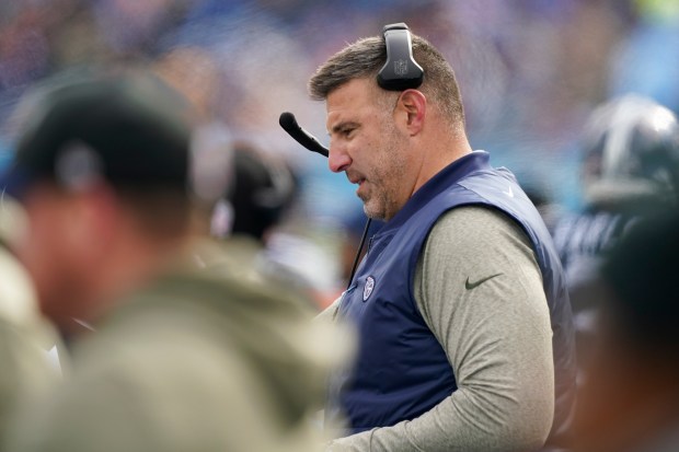 Titans coach Mike Vrabel watches from the sideline during a game against the Broncos on Nov. 16, 2022, in Nashville, Tenn. (Mark Humphrey/AP)