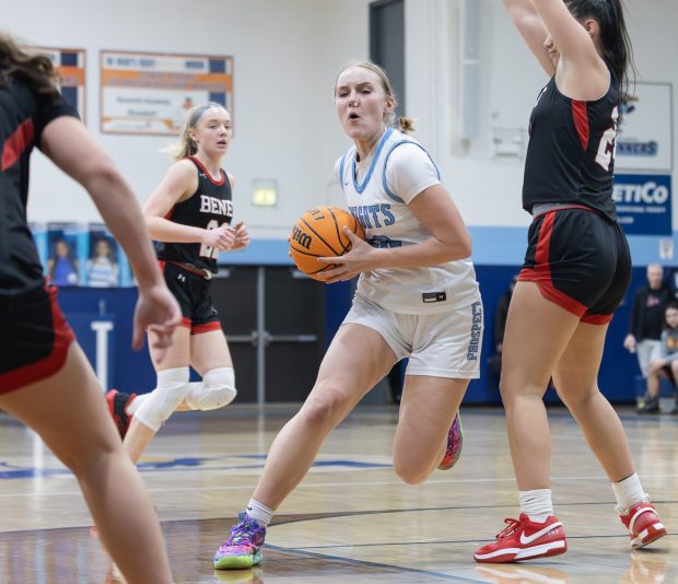 Prospect's Alli Linke (23) drives to the basket against Benet during a game in the Coach Kipp Hoopsfest in La Grange Park on Saturday, Jan. 18, 2025. (Troy Stolt / for the Pioneer Press)