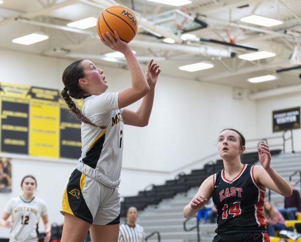 Metea Valley's Payton Giannone (2) shoots a layup against Glenbard East during a non conference game in Aurora on Tuesday, Jan. 21, 2025. (Troy Stolt / for the Naperville Sun)