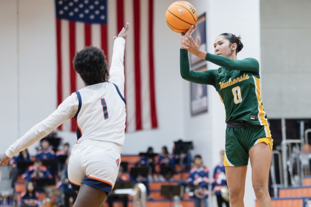 Waubonsie Valley's Maya Pereda (0) shoots the ball against Naperville North during a DuPage Valley Conference game in Naperville on Thursday, Jan. 9, 2025. (Troy Stolt / for the Naperville Sun)