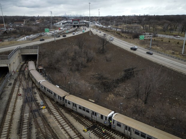 A train repositions itself just south of the CTA Red Line terminus at 95th Street on March 10, 2023.