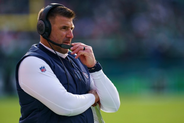 Titans coach Mike Vrabel looks on during a game against the Eagles, on Dec. 4, 2022, in Philadelphia. (Chris Szagola/AP)