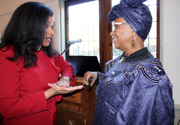 The Rev. Jihan Murray-Smith, senior associate rector at The Church of the Holy Spirit in Lake Forest, with Dove Award recipient, Sylvia England, founder of the African American Museum at The England Manor in Waukegan during the 2nd Annual Martin Luther King Ecumenical Prayer Breakfast, presented by the Church of the Holy Spirit and the Lake Forest/Lake Bluff Ministerium on Jan. 17, 2025. (Gina Grillo/ for the Pioneer Press)