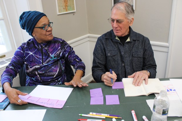 Army Veterans Beverly Rivera and Gary Andre, both from Berwyn participate in Water(color) for the Soul: Music of Lake Michigan, Friday, Jan. 10, 2025, at Brushwood Center at Ryerson Woods, part of Brushwood's At Ease: Art and Nature for Veterans initiative -- providing monthly programs to the Military Community through nature-based art, music and community workshops. (Gina Grillo/ for the Pioneer Press)