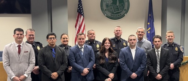 Mayor Jon Costas, back row second from right, was joined by Valparaiso Police leadership recently at the City Hall swearing-in of six new police officers. (Photo courtesy of Valparaiso Police)