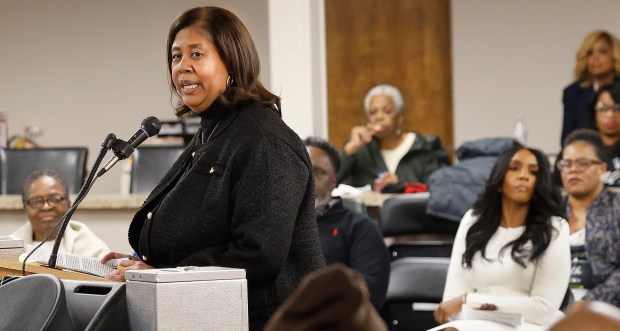 Candidate Sherita Smith addresses the voters during a caucus to fill the vacancy left by the resignation of Calumet Township Trustee Kim Robinson, prior to her federal guilty plea last month. The meeting took place at the Calumet Township Multipurpose Center on Jan. 16, 2025. (John Smierciak / Post-Tribune)