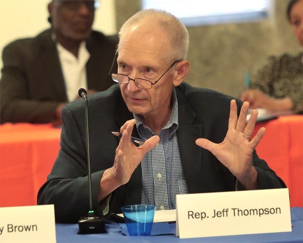 State Representative Jeff Thompson expresses his feelings during a meeting in Gary of the Indiana State Distressed Unit Appeal Board to consider terminating the district's distressed status after 7 years of state control on Monday, June 17, 2024. (John Smierciak/Post Tribune)