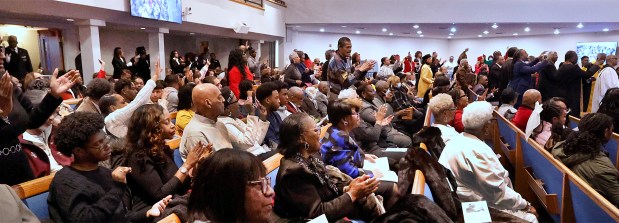 Parishioners sing along with the choir during the 56th Annual Dr. Martin Luther King Day Celebration at New Mount Moriah Missionary Baptist Church in Gary on Jan. 19, 2025. (John Smierciak / Post-Tribune)