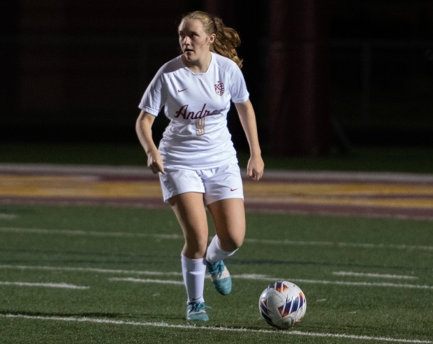 Andrean's Nora Sippel moves the ball during the Class 1A Chesterton Semistate against Fort Wayne Canterbury on Saturday, Oct. 22, 2022. (Michael Gard / Post-Tribune)