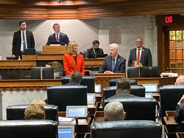 Sen. Ed Charbonneau, R-Valparaiso, shares stories of working with Lt. Gov. Suzanne Crouch. (Alexandra Kukulka/Post-Tribune)