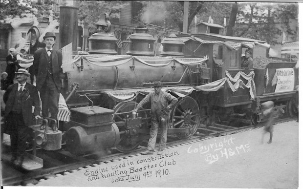 An engine used in construction of the Valparaiso and Northern Interurban Railroad and hauling booster club cars is shown on July 4, 1910, when passenger service began between Valparaiso and Gary. (Doug Ross/for Post-Tribune)