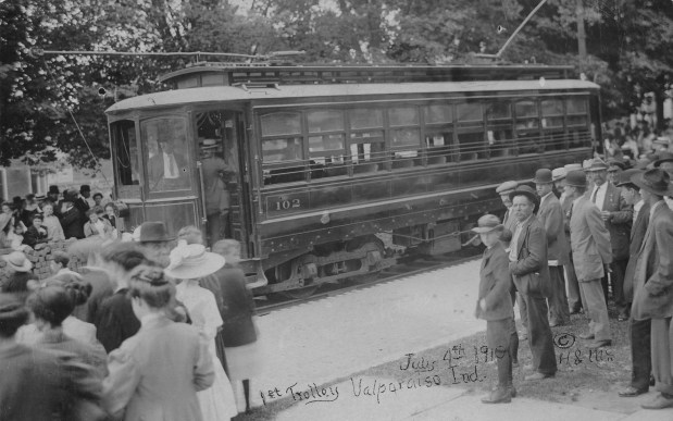 The first trolley to go between Valparaiso and Gary along the Valparaiso and Northern Interurban Railroad is shown on July 4, 1910, when passenger service began. (Doug Ross/for Post-Tribune)