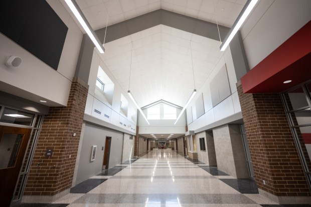 The entryway can be seen in the newly-built Taft Middle School in Winfield on Thursday, August 3, 2023. (Kyle Telechan for the Post-Tribune)