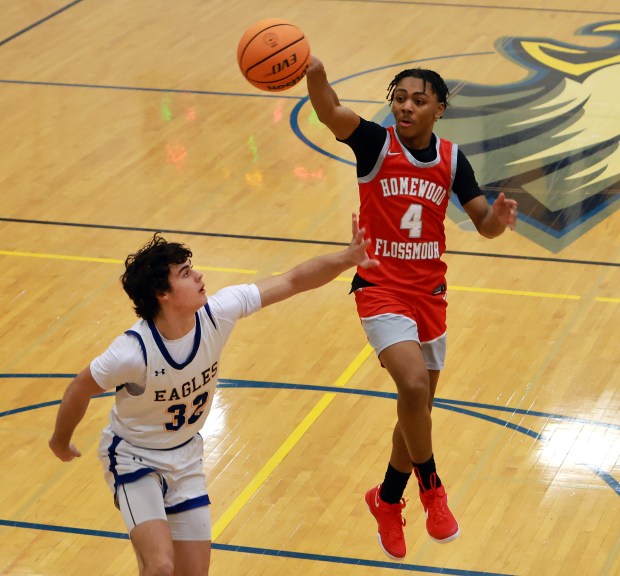 Homewood-Flossmoor's Darrius Hawkins, right, passes the ball Sandburg's Lucas Matykiewicz, left, defends during the basketball game in Orland Park on Friday, Jan. 24, 2025. (James C. Svehla / for the Daily Southtown)