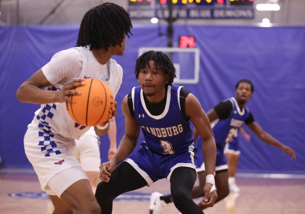 Sandburg's William Johnson (3) defends Hoffman Estate's Daiquan Daniels (12) during the Maine East Holiday Classic championship game at Maine East High School in Park Ridge on Monday, Dec. 30, 2024. (Talia Sprague / Daily Southtown)