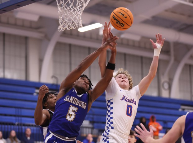 Sandburg's Jonah Johnson (5) and Hoffman Estate's Liam Patrick (0) battle for a rebound during the Maine East Holiday Classic championship game at Maine East High School in Park Ridge on Monday, Dec. 30, 2024. (Talia Sprague / Daily Southtown)