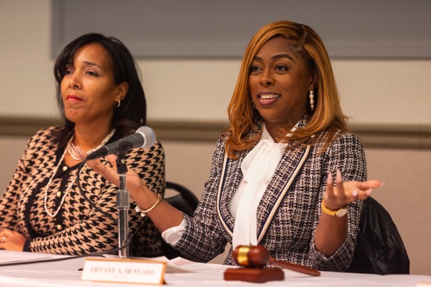 Mayor Tiffany Henyard addresses the people watching on video and gathered during the Dolton village board meeting on Monday, Dec. 2 2024, in Dolton.  (Vincent D. Johnson / for the Daily Southtown)