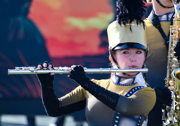 The Lincoln Way Marching Band performs Dec. 30, 2024, during the Tournament of Roses Bandfest at Robinson Stadium in Pasadena City College. (Keith Durflinger/Getty Images)