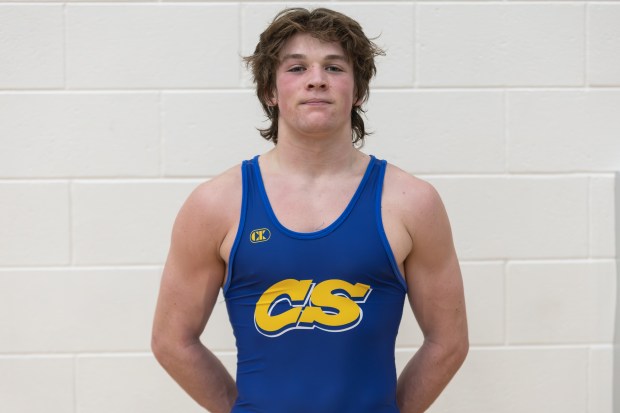 Sandburg's Ryan Hinger stands for a photo after a match in the Lincoln-Way West Mega Duals in New Lenox on Saturday, Jan. 11, 2025. (Troy Stolt / for the Daily Southtown)