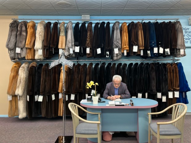 Angelo Koutras works at his desk Jan. 16, 2025, at Angelo's Leather and Furs. The Oak Lawn business plans to close down so Koutras can retire. (Olivia Stevens/Daily Southtown)