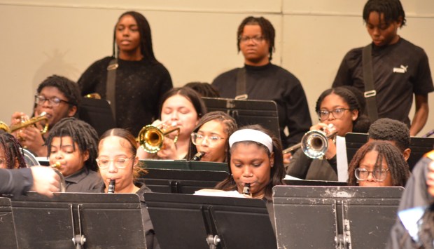 Thornton High School District 205 band members perform Jan. 20, 2025 at the Martin Luther King Jr. Day celebration at South Suburban College in South Holland. (Jeff Vorva/for the Daily Southtown)