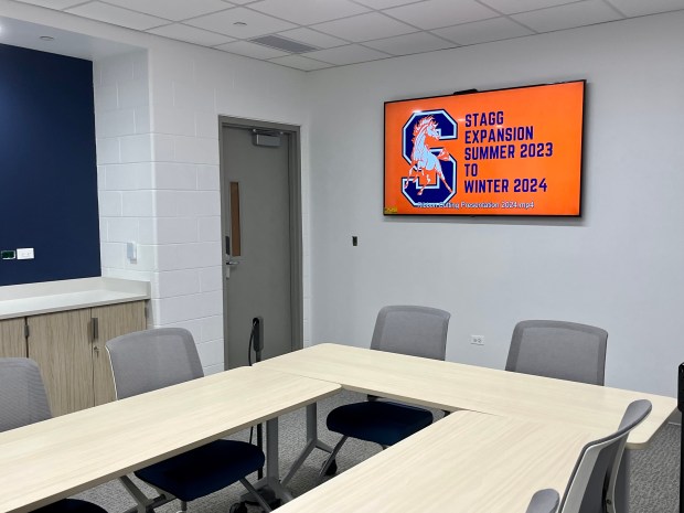 Beginning the tour of Stagg's expansion on Jan. 6, 2025 marked a new 20-person meeting room. (Olivia Stevens/Daily Southtown)