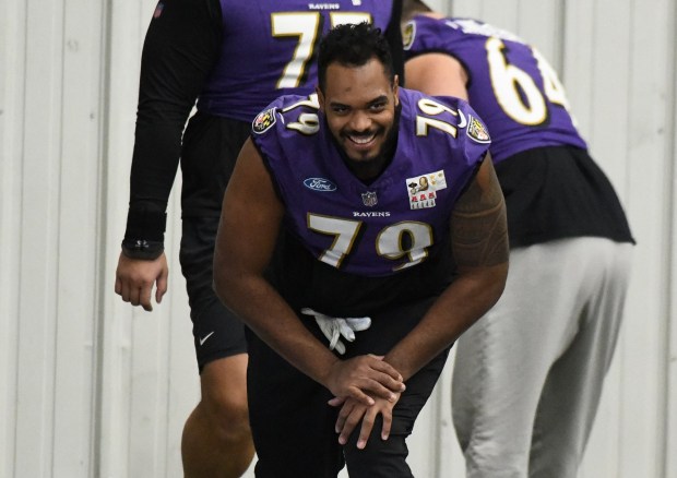 Baltimore Ravens tackle Ronnie Stanley warms up during practice on Thursday ahead of Saturday's playoff game against the Pittsburg Steelers. (Kim Hairston/Staff)