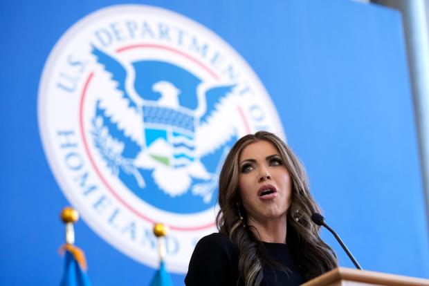 Homeland Security Secretary Kristi Noem speaks to employees at the Department of Homeland Security, Tuesday, Jan. 28, 2025, in Washington. (AP Photo/Manuel Balce Ceneta)