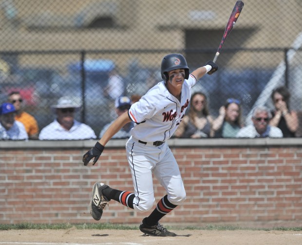 Lincoln-Way West's Tyler Koscinski watches his drive down the right field line drop in for a two-run double during the Class 4A Shepard Regional championship game in Palos Heights May 30, 2022. (Jon Cunningham/for the Daily Southtown)