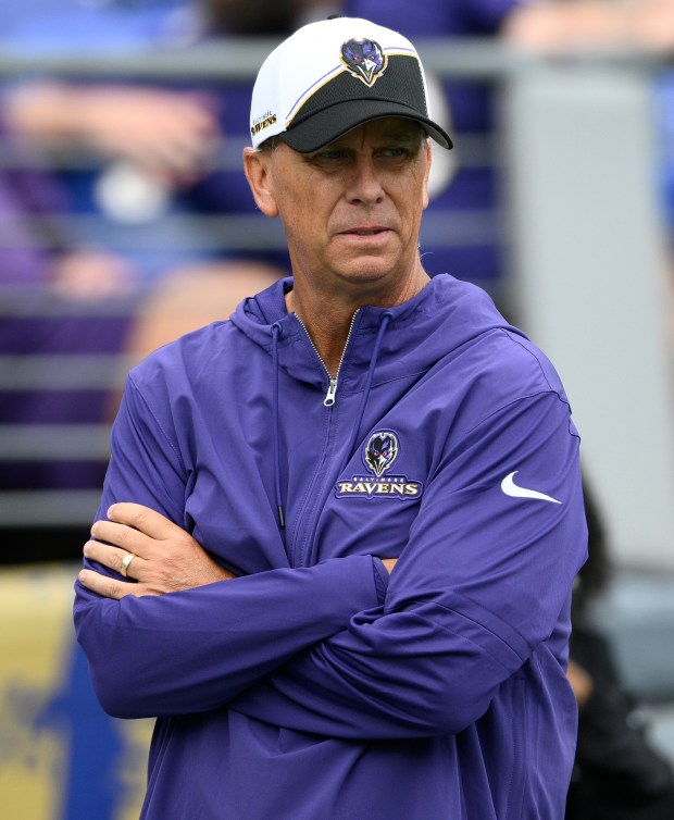 Ravens offensive coordinator Todd Monken looks on before a game against the Texans on Sept. 10, 2023, in Baltimore. (Nick Wass/AP)