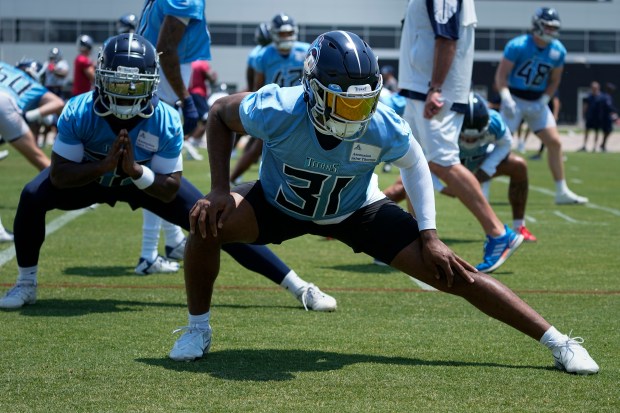 Titans safety Kevin Byard (31) stretches during practice at the team's training facility on June 6, 2023, in Nashville, Tenn. (George Walker IV/AP)