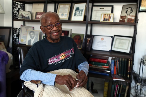 Abraham Bolden at home in Chicago on April 26, 2022, hours after it was announced that he had been pardoned by President Joe Biden. (Terrence Antonio James/Chicago Tribune)